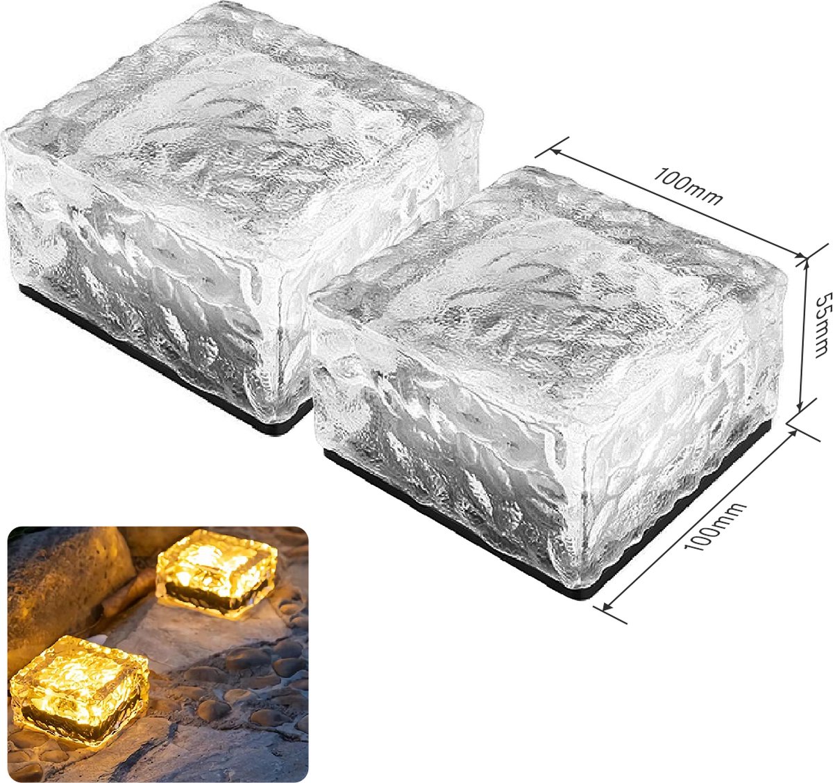CNL Sight Grondspot(2 stuk Maat L ) - Solar Ice Cube LED- 10cm*10cm*5.5cm-Licht-solar Tuinverlichting op zonne-energie-warmlicht - Brick light - IP68 - (Size : 10cm X10cm X5.5cm)