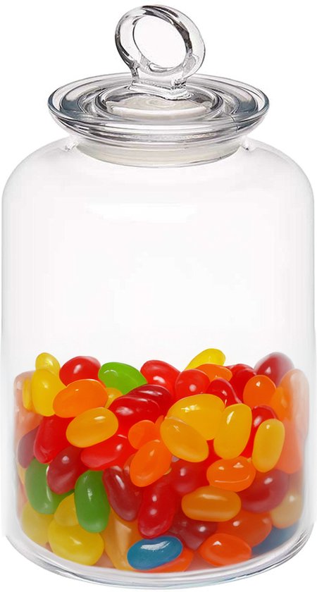 Transparante glazen pot gevuld met kleurrijke jelly beans, met deksel en greep.