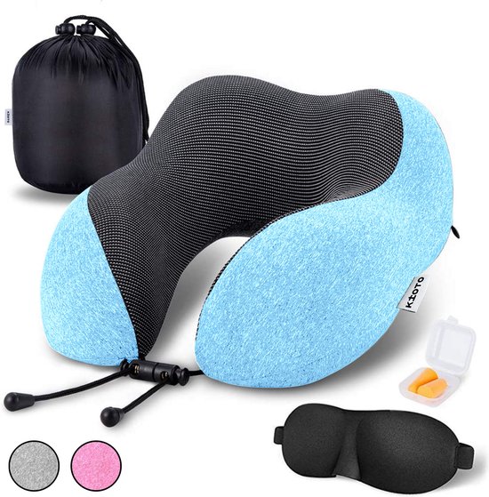 Kioto Reiskussen Nekkussen set - Vliegtuig en Auto - Nek Kussen Kind - Memory Foam - Gratis Slaapmasker, Oordoppen en Reistas - Optimale ondersteuning hoofd en nek - Blauw