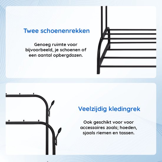 Zwart kledingrek met twee kledingstangen en twee schoenenrekken. Een rek voor kleding, een voor schoenen.