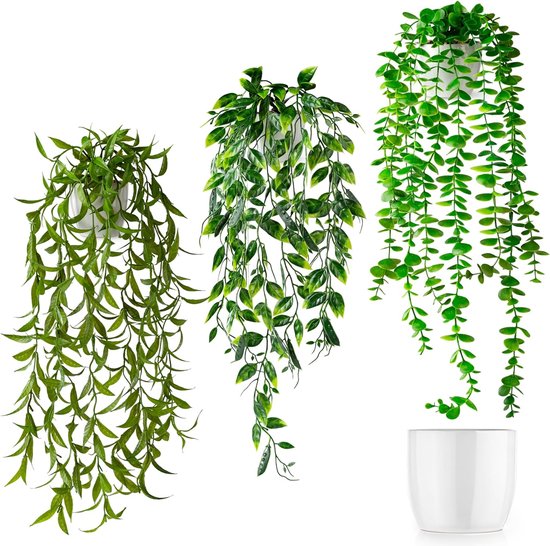 Kunstplanten als echt: set van 3 kunstplanten in hoogglans keramische potten | kunstmatige hangplanten | hangplant kunstmatig afgestemd | decoratieve kunstplant hangend (eucalyptus mix)