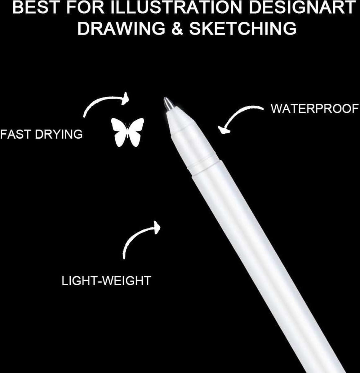 6 stuks witte gelpennen 0,8 mm fijne puntgelpen, gelly rolpen, witte lijntekenpen voor kunstenaars, highlight rollerbalpennen voor zwart papier, schetsen, tekenen, illustratie, notities maken 6 stuks witte gelpennen 0,8 mm fijne puntgelpen, gelly rolpen, witte lijntekenpen voor kunstenaars, highlight rollerbalpennen voor zwart papier, schetsen, tekenen, illustratie, notities maken