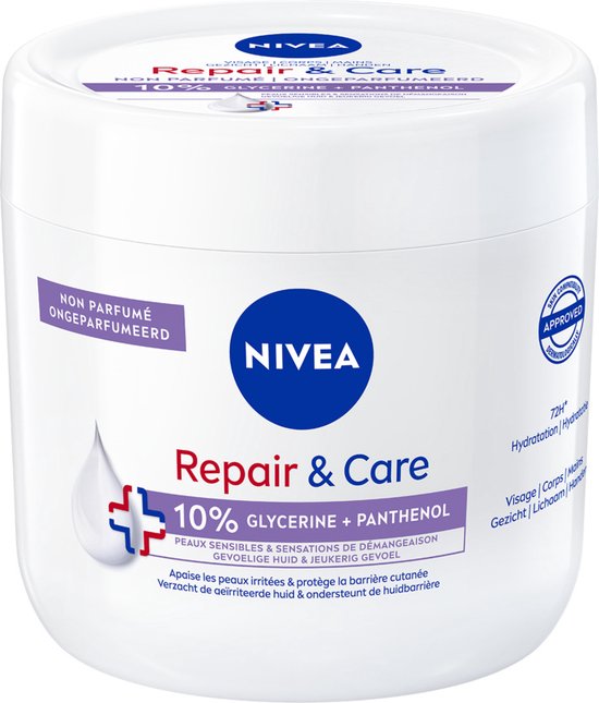 NIVEA Repair & Care Sensitive Bodycrème - 10% Glycerine + Panthenol - Barrière Crème voor Gevoelige en Jeukerige Huid - 400 ml