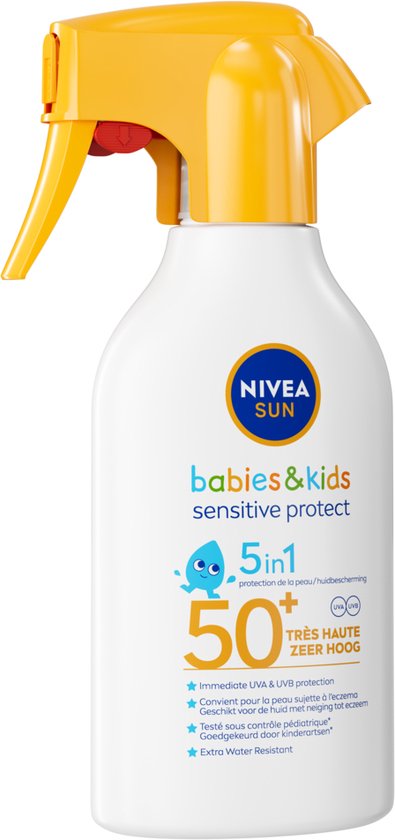 NIVEA SUN Babies & Kids Sensitive Protect Zonnebrand Spray - Baby en Kind - SPF50+ - Zonnespray - Eczeemgevoelige huid - Parfumvrij - Waterbestendig - 270 ml - NIVEA