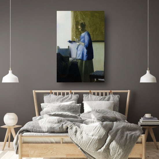 Femme en bleu lisant une lettre - Tableau Johannes Vermeer - Tableau femme - Peintures toile Maîtres anciens - Décoration murale industrielle - Toile cuisine - Décoration murale chambre 75x100 cm