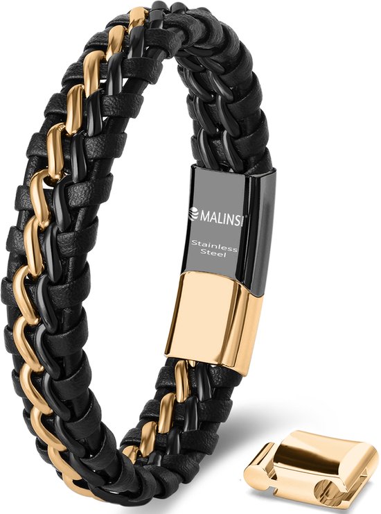 Malinsi Bracelet Homme - Strong Cuir Goud Tressé Double Zwart /Or - Bracelet Homme 20 + 2cm Extension