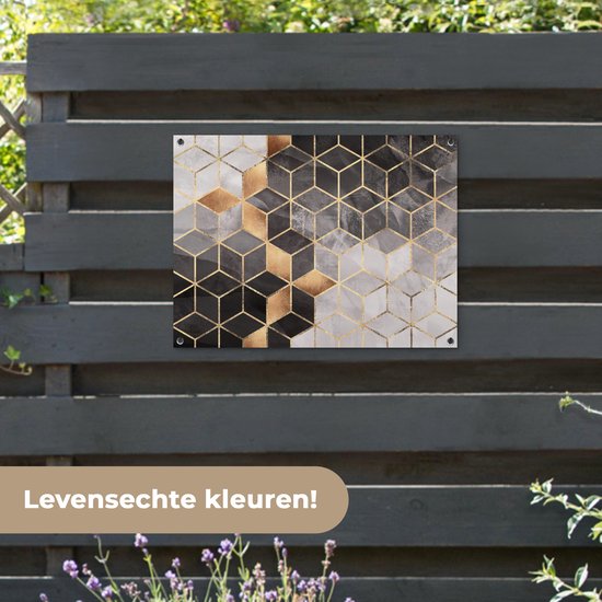 Tableau jardin Abstrait - Cube - Goud - Motifs - Zwart - Wit - 80x60 cm - Affiche jardin - Toile jardin - Affiche extérieur