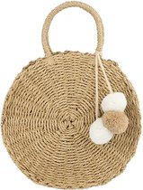 Beige Ronde Rieten Tas PomPoms - Rieten Tassen - Strandtassen - Schoudertassen- Beige & Witte Pompoms - beige