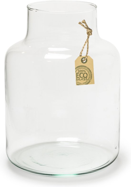 Transparante melkbus vaas/vazen van eco glas 14 x 20 cm - Gerecycled glas - Woonaccessoires/woondecoraties - Glazen bloemenvaas - Boeketvaas - Melkbusvaas/melkbusvazen