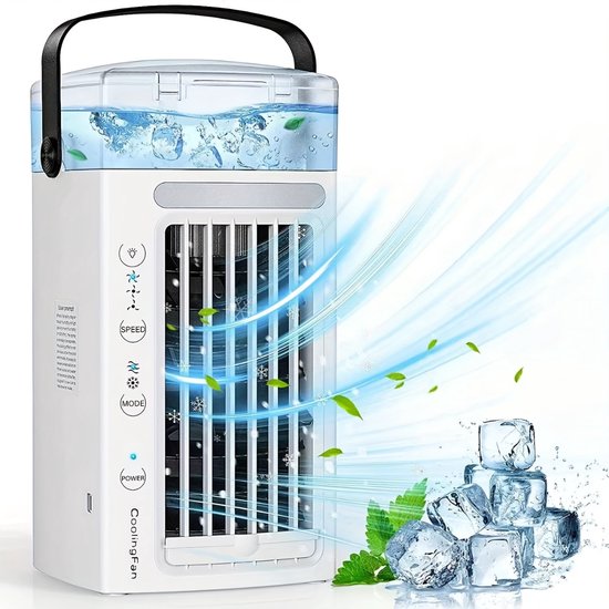 Luchtbevochtigingsventilator met 5 sproeiers, USB tafelventilator, draagbaar, draagbare aircooler, wit, Livano