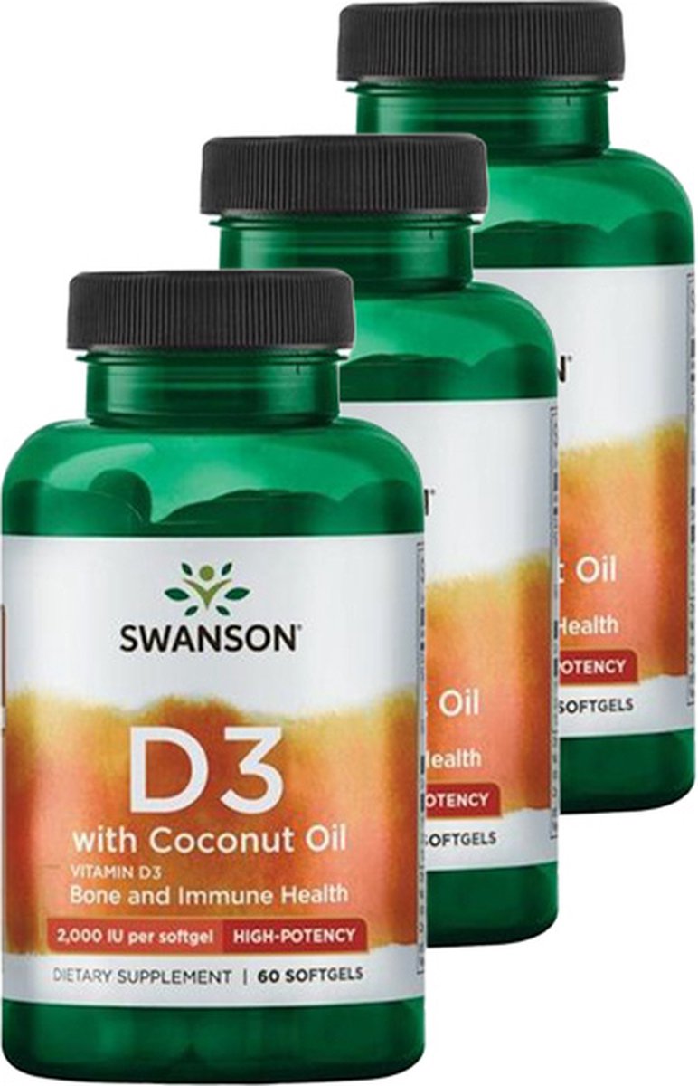 Goedkoopste Swanson | Vitamine D3 Met Kokosolie 2000IU | 60 Softgels | 3 stuks | 3 x 60 Softgels