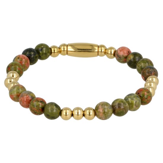 *Elastische goudkleurige kralenarmband met Unakite edelstenen - Luxe goudkleurige armband door combinatie van Unakite edelstenen met edelstalen balletjes - Met luxe cadeauverpakking