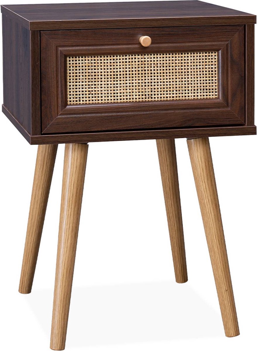 sweeek - Nachtkastje met hout- en rietmotief en 1 lade - bohème