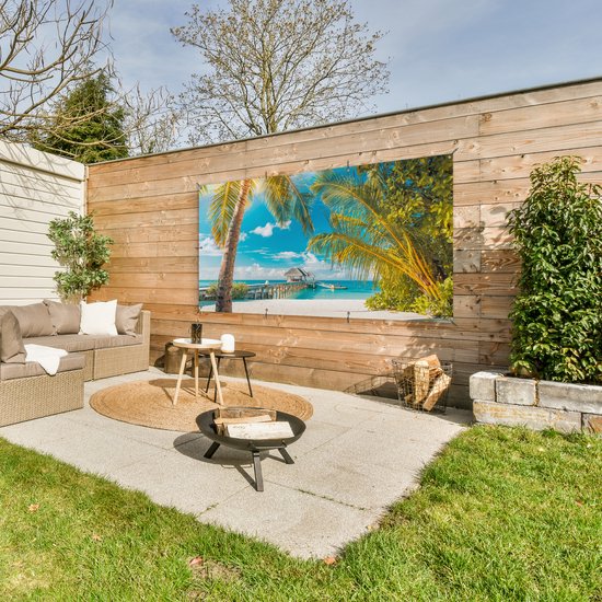 Affiche pour clôture Plage - Palmier - Mer - 200x100 cm - Toile de jardin