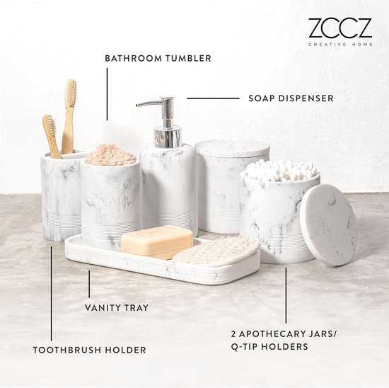 MSV Bad Accessoires Polyresin 3-delig - Zeepdispenser, Zeepschaal, Tandenborstelbeker Stone Grey Zen
