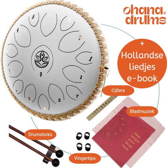 Foto: Ohana drums 36 cm handpan gewoon wit tongue drum klankschaal 15 noten handpan tong drum klankschalen yoga drum lotus tong steeldrum muziekinstrument voor kinderen mindfulness muziektherapie percussie instrumenten