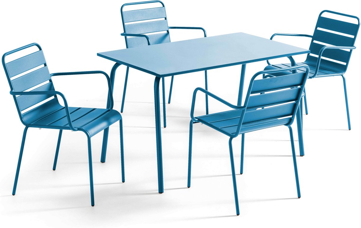 Oviala - Tuinset met tafel en 4 fauteuils van blauw pacifisch metaal - Palavas