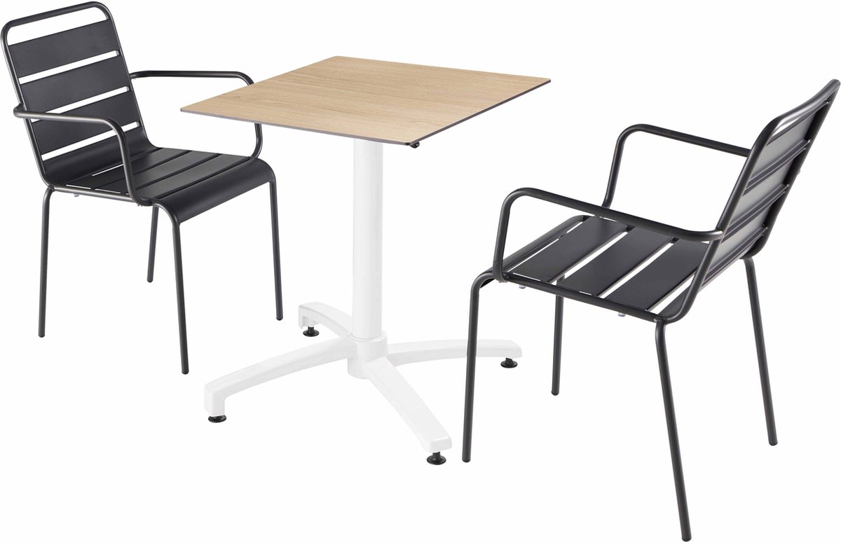 Tuinset van gelamineerd eikenhout met 2 grijze fauteuils van Oviala.
