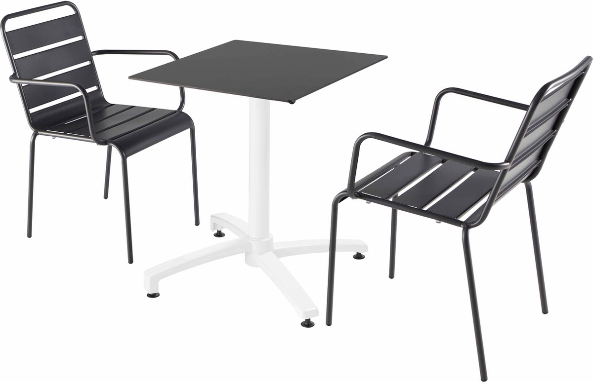 Tuintafel en 2 grijze fauteuils van Oviala, zwart gelamineerd.