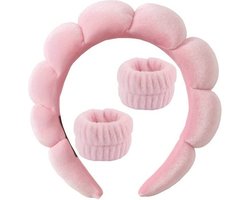 Roze haarband met polsband - 3stks set - Skincare - Dames - Beauty - Huid Verzorging - Make-up - Haaraccessoires - Hoofdband