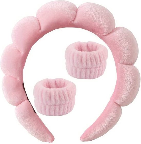 Roze haarband met polsband - 3stks set - Skincare - Dames - Beauty - Huid Verzorging - Make-up - Haaraccessoires - Hoofdband