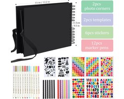 80-Zwarte-Pagina’s DIY Vintage Scrapbook Fotoboek Om Zelf Te Maken - 12 Stuks Markers Pennen - Afstudeercadeau Verjaardagscadeau Jubileumcadeau (Zwart)