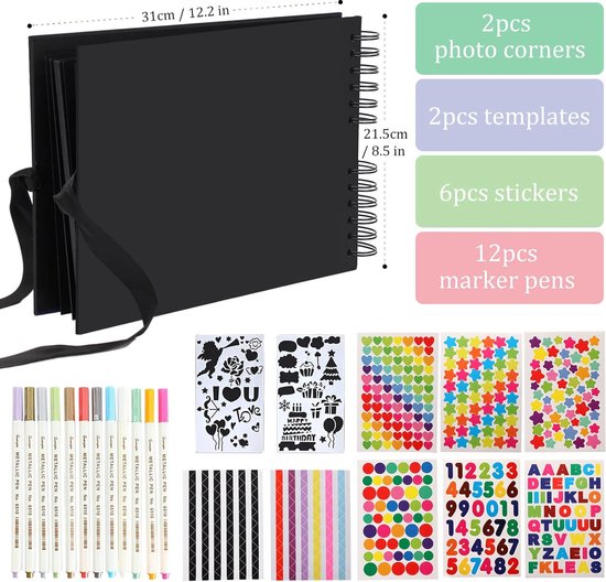 Album Scrapbooking Personnalisable - Pages Noires, Autocollants, Design Orgue à Pliage