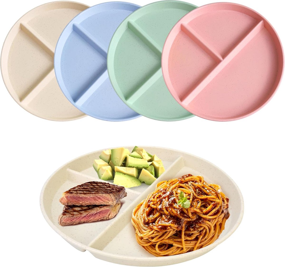 Image of 4 stuks gedeelde borden met onderverdeling, 20 cm borden met onderverdeling, onbreekbare portie controleborden, gedeelde eetborden, onderverdeeld voor volwassenen en kinderen