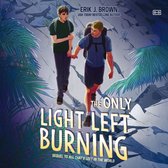 Twee jongens lopen hand in hand door een rotsachtig landschap, omringd door palmbomen. De titel is 'The Only Light Left Burning'.