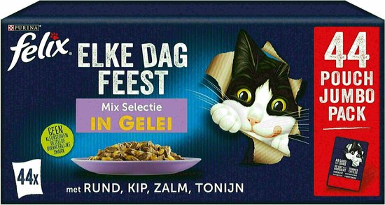 Felix Elke Dag Feest in Gelei Mix Selectie - Kattenvoer Natvoer - Tonijn Zalm Rund & Kip- 44 x 85 g
