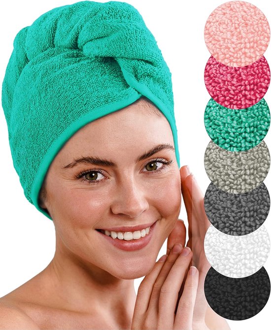 Premium haartulband met knoop van 100% katoen - haarhanddoek incl. 4 haarelastiekjes - voor kort en lang haar - tulbandhanddoek is sneldrogend en absorberend (turquoise)