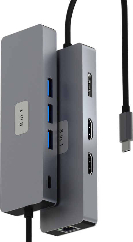 Rolio USB C Hub - Triple Monitor - 2x HDMI 4K - 1x DisplayPort - 1x Ethernet 1Gbps - 1x USB-C - 3x USB 3.0 - Universeel