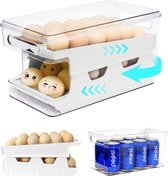 Eiercontainer voor koelkast, dubbelsporige automatische rollende eierhouder voor koelkast, opbergdoos met deksel voor eten, drinken enz. (Parelwit)