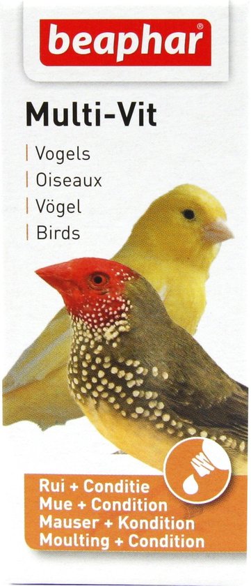 Beaphar Multi-Vit met een gele kanarie en een roodkoppeerwiek, met de tekst 'Rui + Conditie'.