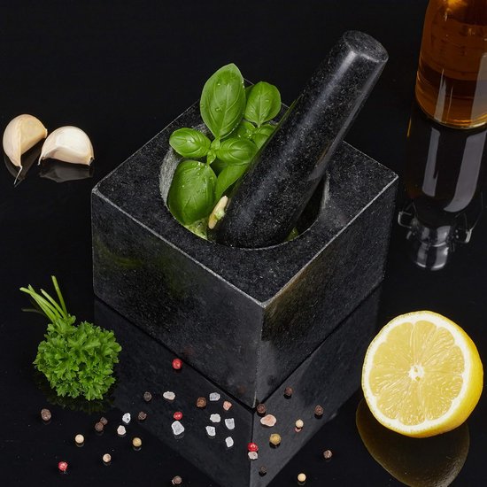 Jade Temple steenvijzel met stamper, in set, effectieve en eenvoudige vijzel van massief graniet met een diameter van 14 cm en hoogte van 7,7 cm (14 x 7.7 cm