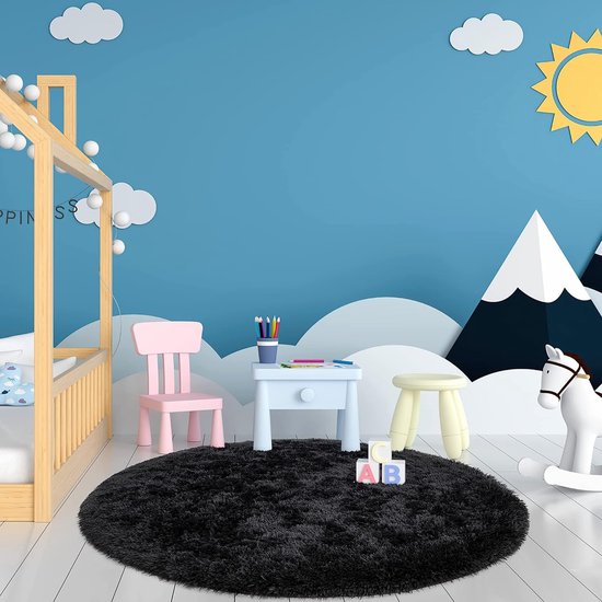 Hoogpolig tapijt, rond, woonkamer, super zacht, shaggy tapijt, pluizig, Soft Area Vloerkleed, voor de slaapkamer, super zacht, wollig, kindermat (zwart, 200 x 200 cm)