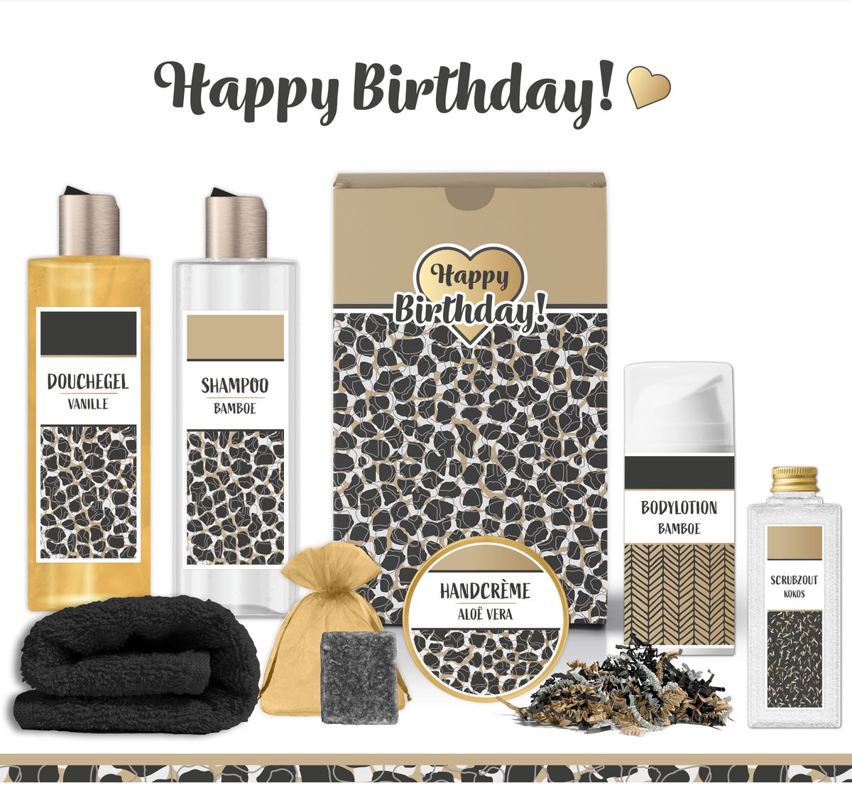 Goedkoopste Geschenkset Happy Birthday! - 7 producten - 830 gram | Giftset voor haar -Luxe wellness cadeaubox - Cadeau Pakket Vrouw - Gift Set Gefeliciteerd - Geschenk Feestje Jarige - Cadeaupakket Speciaal voor jou - Party Verjaardagscadeau -Panter Zwart Goud