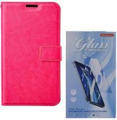 Bookcase Geschikt voor: Motorola Moto G100 - Roze - portemonnee hoesje met 2 stuk Glas Screen protector