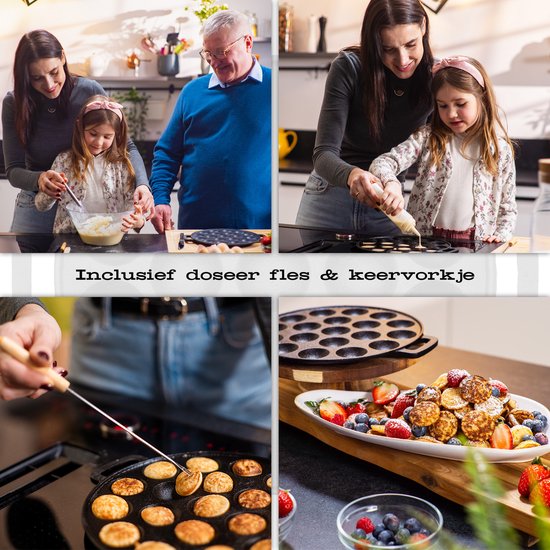 IRONO Poffertjespan Set - Incl. Doseerfles, Keervork en 6 vorkjes - Poffertjespan Inductie en Electrisch - Poffertjesmaker 19 Poffertjes - Gietijzeren Pan - Poffertjes Maken - Spuitfles