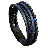 Armband heren 23 cm leer blauw - Zwart kleurige sluiting staal - 4 delig set - Blauw leer gevlochten armband voor mannen met kralen - Heren armband voor hem - Luxe Leer en Kralen armband 23cm