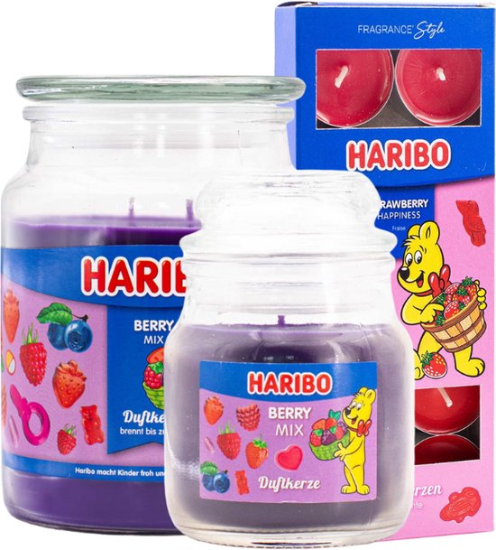 Haribo kaarsen set 3 - 1x groot Berry 1x klein berry 1x theelicht aardbei