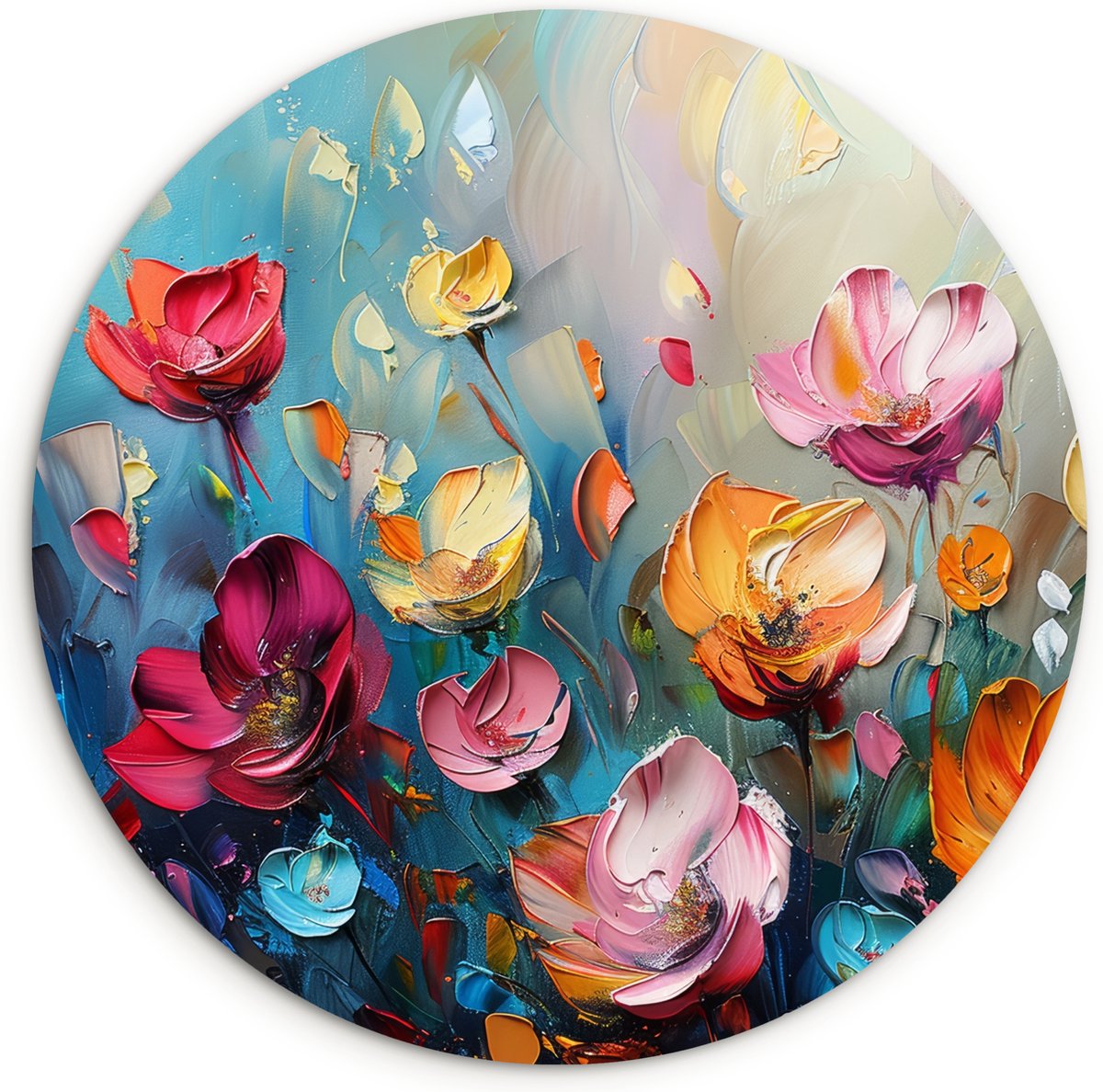 WallCircle Wandcirkel 120x120 cm - Muurcirkel Bloemen - Kleurrijk - Abstract - Verf - Natuur - Muurdecoratie woonkamer - Wanddecoratie slaapkamer - Kamer decoratie accessoires - Ronde schilderijen