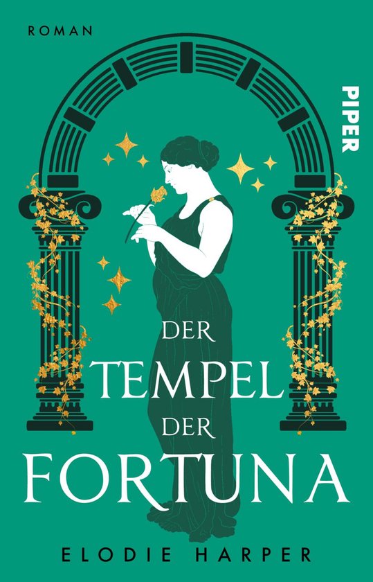 Boekomslag: "Der Tempel der Fortuna" met een silhouet van een vrouw onder een boog, met een roos.