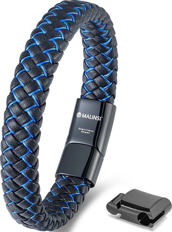 Malinsi Armband heren - Zwart Blauw Effect - RVS Sluiting en Gevlochten Leer - Armbandje Mannen 20 + 2cm Verlengstuk - Vaderdag Cadeau