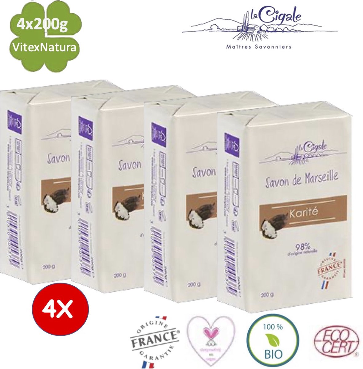 Goedkoopste Karité Marseille Zeep | 4 x 200g | een extra milde shea boter zeep | La Cigale