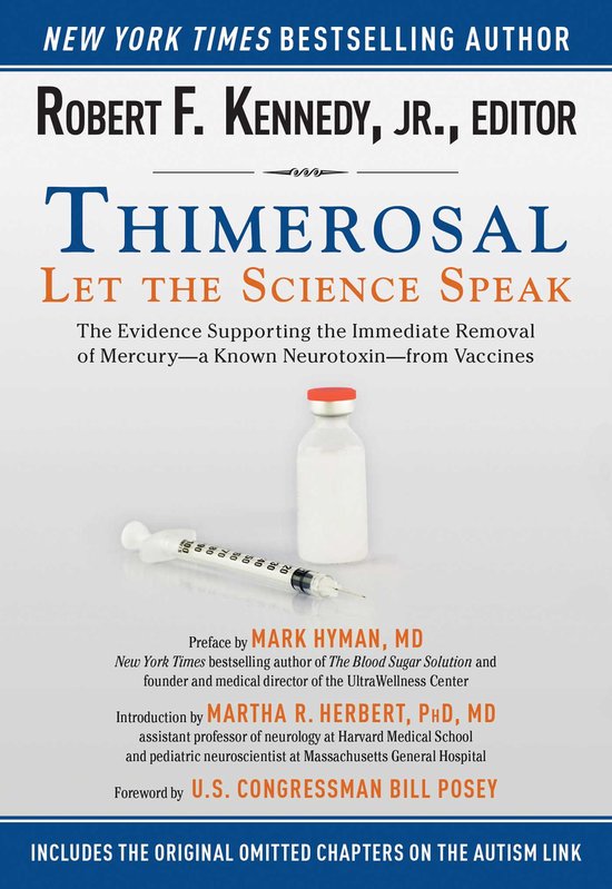 Boek "Thimerosal: Let the Science Speak" met een flesje en spuit op de kaft.