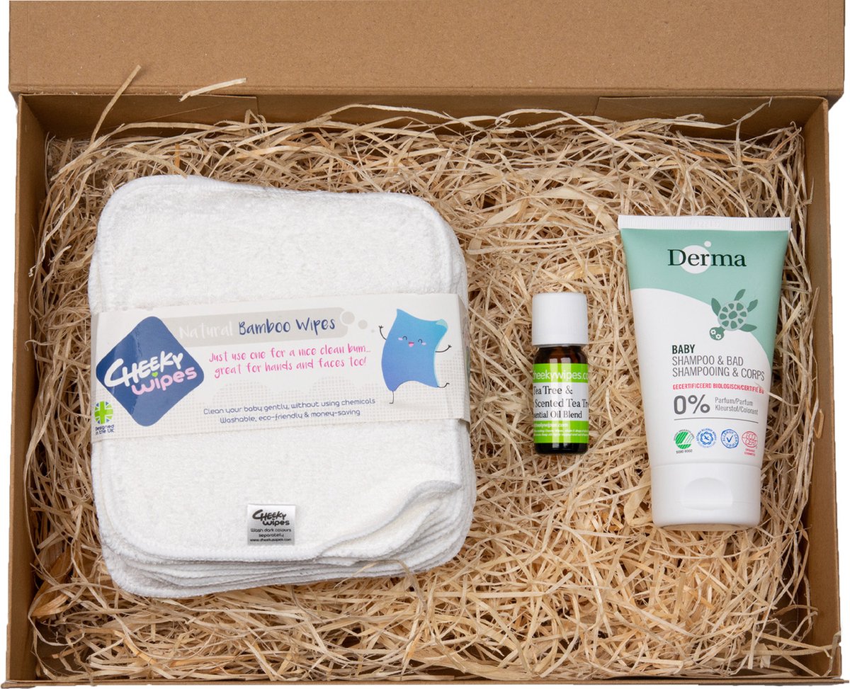 Goedkoopste Grace is Green Cadeaupakket - Cheeky Wipes Babydoekjes Bamboe & Tea Tree Lemon - Derma Eco Baby Shampoo - Giftbox Babyverzorging - Milieuvriendelijke Keuze