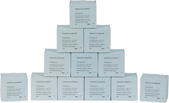Grace & Green Voordeelverpakking - Tampons super organisch katoen - 12 x 18 stuks - Milieuvriendelijke absorptie - Comfortabele pasvorm - Composteerbare applicator