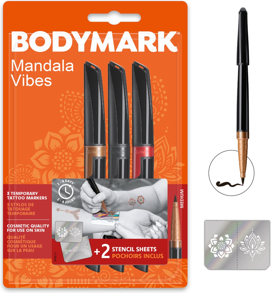 BIC BodyMark - Tijdelijke Tattoo Pennen met Sjablonen - Henna Vibes - Set van 3 tattoo stiften met 2 sjablonen - Halloween - Cosplay - Bodymark®