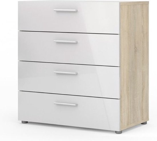 Commode blanche avec côté en chêne et quatre tiroirs avec poignées argentées.